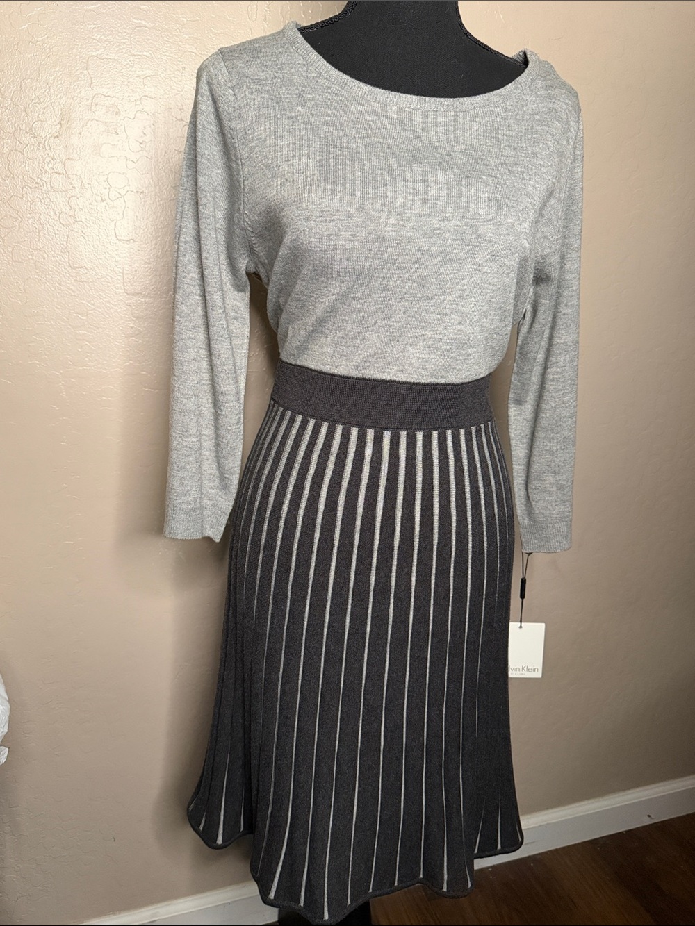 Calvin Klein Charcoal and Light Gray Striped Knit Skirt
